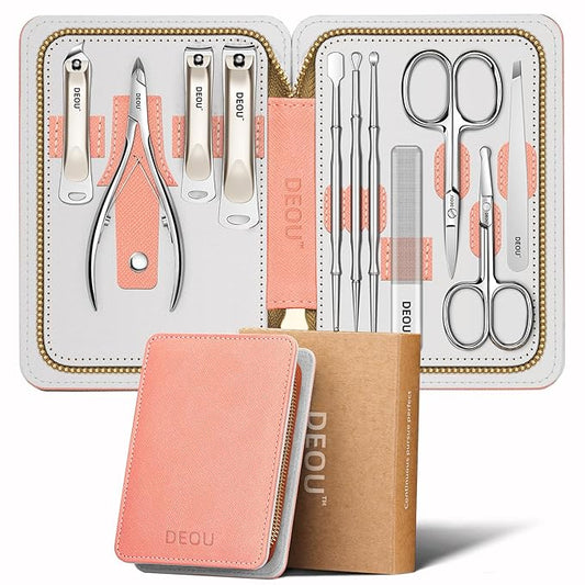 DEOU Professional Nail Set 11 in 1 stainless steel home care nail clippers, men's luxury travel leather storage box, women's beauty kit (Pink)