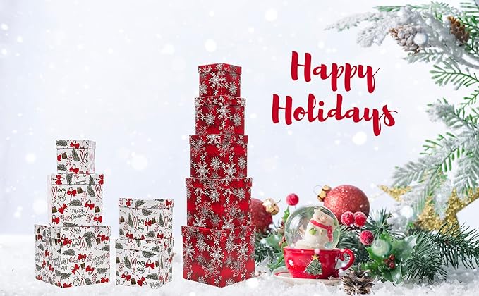 UNIQOOO 5PCS Christmas Nesting Gift Boxes with Lid, Xmas Nested Box Set, 5 Sizes, Square Stackable, Red White Snowflake Candy Cane Paper Box Tower Décor, for Holiday Thanksgiving New Year Packaging