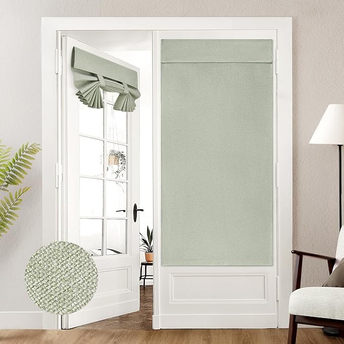 HOMEIDEAS 100% Sage Green Linen Blackout French Door Curtains, Privacy Door Window Curtains, 34 X 68 Inch Room Darkening Blinds, Thermal Insulated Shades for Bedroom, 1 Panel