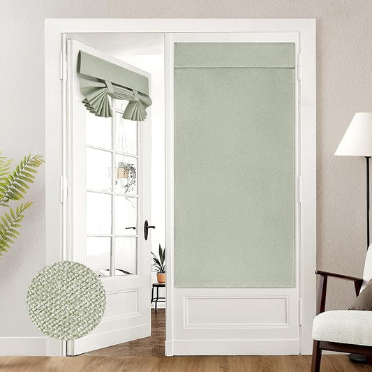 HOMEIDEAS 100% Sage Green Linen Blackout French Door Curtains, Privacy Door Window Curtains, 34 X 68 Inch Room Darkening Blinds, Thermal Insulated Shades for Bedroom, 1 Panel
