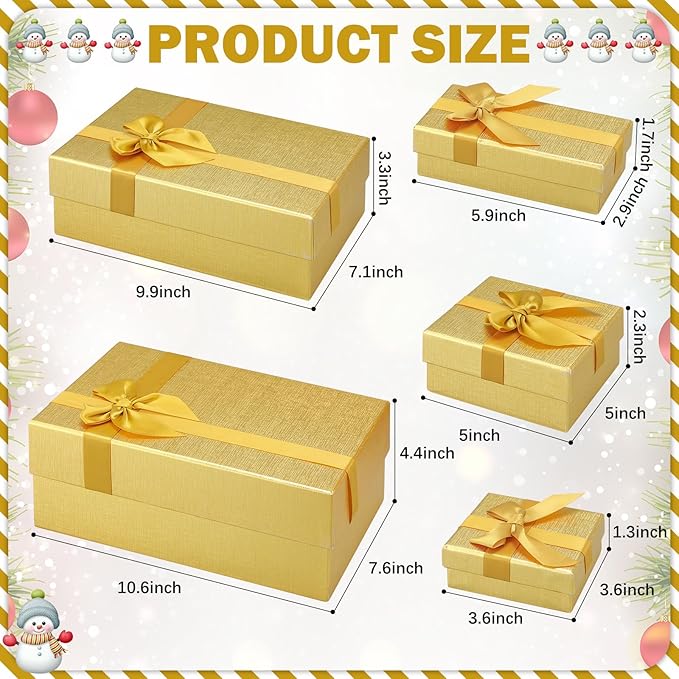 Tenceur 10 Pcs Gift Boxes with Lids Heavy Duty Nested Assorted Sizes Cardboard Gift Boxes for Presents with Ribbon for Xmas Holiday Present(Gold,5 Size)