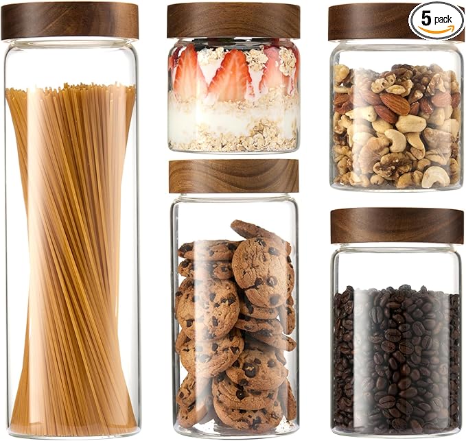 Glass Canister Set of 5 with Acacia Wood Lids Airtight Food Storage Jars for Kitchen Pantry Organization Containers for Spaghetti, Flour, Sugar, Coffee, Tea, Overnight Oats Yogurt More