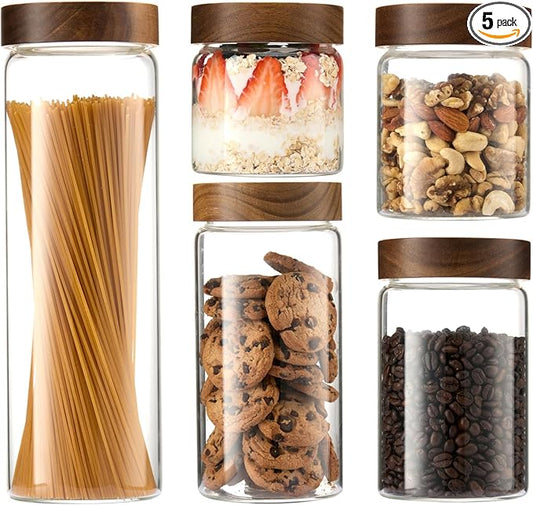 Glass Canister Set of 5 with Acacia Wood Lids Airtight Food Storage Jars for Kitchen Pantry Organization Containers for Spaghetti, Flour, Sugar, Coffee, Tea, Overnight Oats Yogurt More