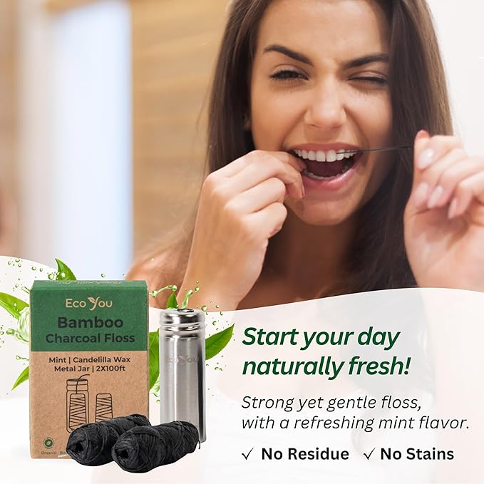 Charcoal Bamboo Floss | 2 Non Toxic Natural Floss Refill with Metal Container | Organic Mint & Candelilla Wax | Vegan & Biodegradable | Compatible w/Similar Dental Floss Silk Refill Containers