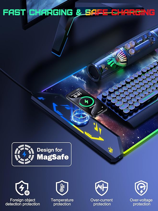 TopMade Wireless Charging Mouse Pad, RGB Gaming Mousepad, 35.4" x 15.8" Extra Large Waterproof Keyboard Desk Pad, Computer Desk Mat, Blue Nebula (Includes 20W PD Power Adapter & 6.56ft Woven Cable)