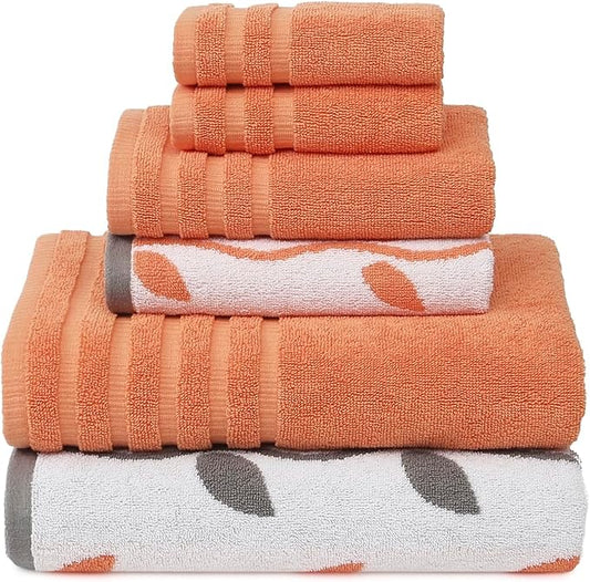 Modern Threads Organic Vines 6-Piece 100% Cotton Towel Set – Yarn Dyed Jacquard & Solid – Includes 2 Bath Towels, 2 Hand Towels, 2 Washcloths – Absorbent, Quick Dry, Soft & Durable – Orange