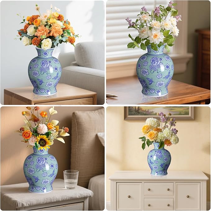 Vintage Chinoiserie Floral Ceramic Vase, Large Rustic Pottery Vases for Living Room, Entryway, Dining Table Centerpiece, Farmhouse Home Décor, Floor or Tabletop Flower Vase, (Green)