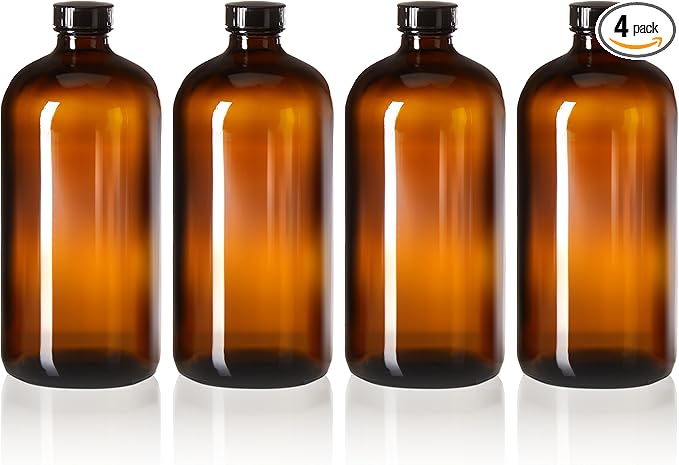 kitchentoolz 32oz Amber Glass Bottles - Air Tight Seal Lids - Quart-Sized Brown Glass Growlers for Beer, Kombucha, and Juice Storage - Pack of 4