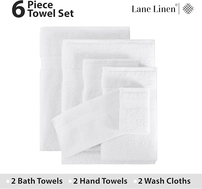 LANE LINEN 100% Cotton Luxury Bathroom Towel Set - 6 Pieces - Super Soft, Fluffy & Highly Absorbent - 2 Large Bath Towels, 2 Washcloths, 2 Hand Towels - Complete Family Pack - White Bath Towel Set