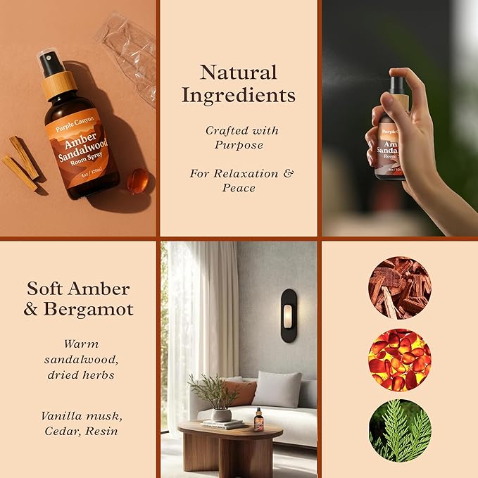 Purple Canyon Amber & Sandalwood Room Spray — 4 oz Natural Linen & Room Freshener — Warm, Woody & Resinous Fragrance Mist — Cozy Home Ambiance — Premium Natural Fragrance Oils