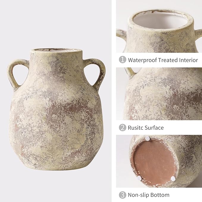 Rustic Ceramic Farmhouse Flower Round Vase with 2 Handles, Vintage Terra Cotta Vases, Decorative Pottery Ceramic Stone Vase for Home Decor, Living Room, Table, Shelf Decor, Mantel, 7.7 Inch