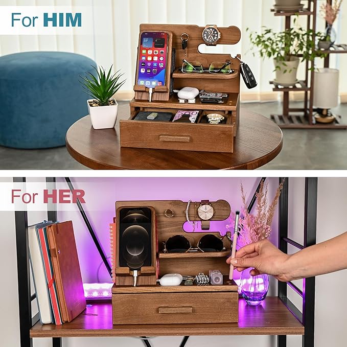 TESLYAR Wood Phone Docking Station with Drawer - Nightstand Organizer - Desk Organizer for Husband - Birthday Gifts for Men, Dad, Anniversary Idea, Key Holder Stand Watch & Accessories (Desert Beige)
