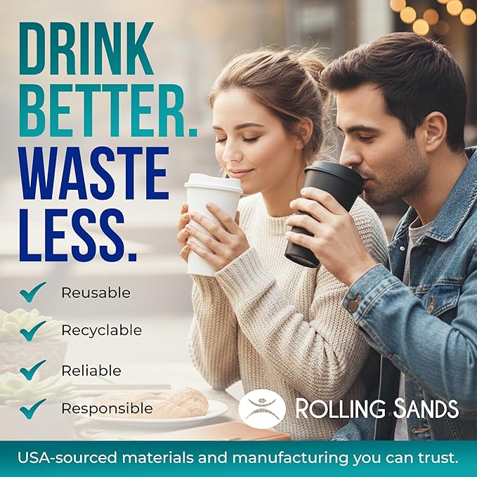 Rolling Sands USA Made 16 oz Reusable Coffee Cups with Lids 6 Pk, To Go Travel Cups, Hot or Cold Drinks, Dishwasher and Microwave Safe, White Cups, Black Lids