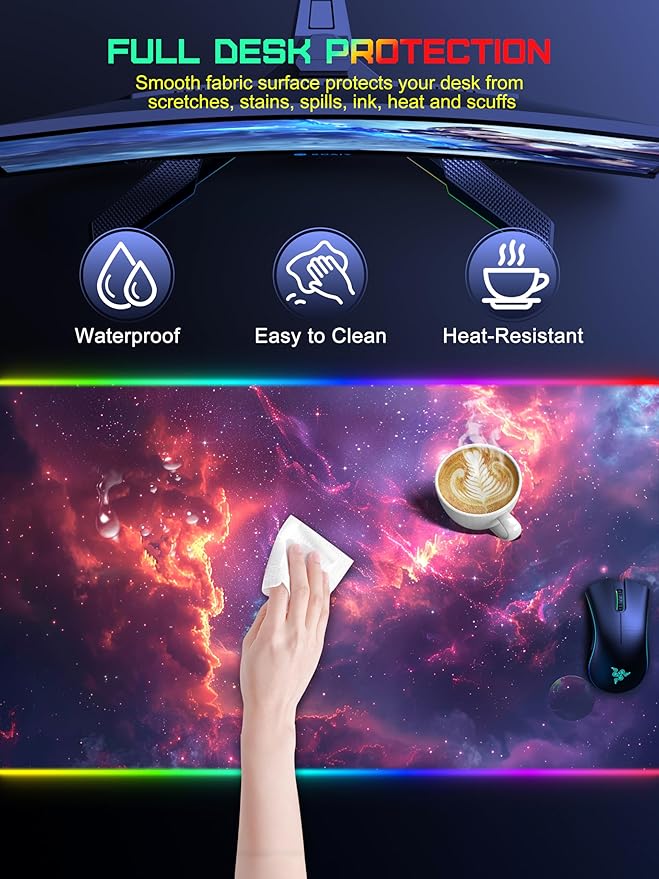 TopMade Wireless Charging Mouse Pad, RGB Gaming Mousepad, 35.4" x 15.8" Extra Large Waterproof Keyboard Desk Pad, Computer Desk Mat, Red Nebula (Includes 20W PD Power Adapter & 6.56ft Woven Cable)