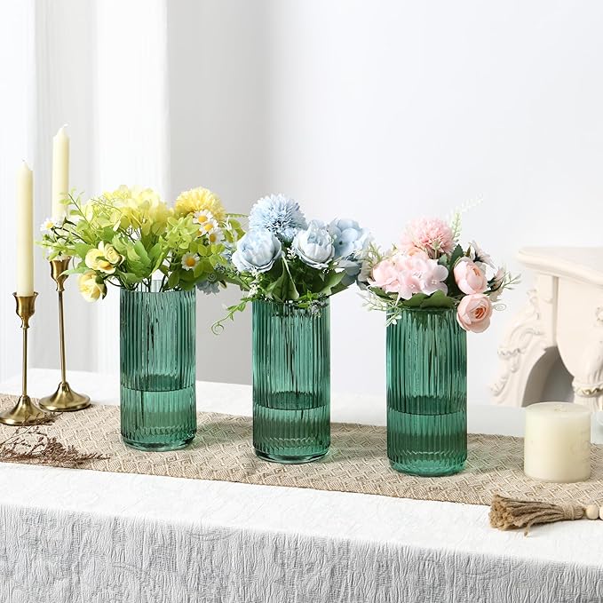Green Glass Vases, Flower Vases Set of 3, Ribbed Glass Vase for Tulips, Tall Cylinder Glass Vases for Living Room, Bedroom, Dining Table, Office, Wedding, Bookshelf Decoration, 8 Inches
