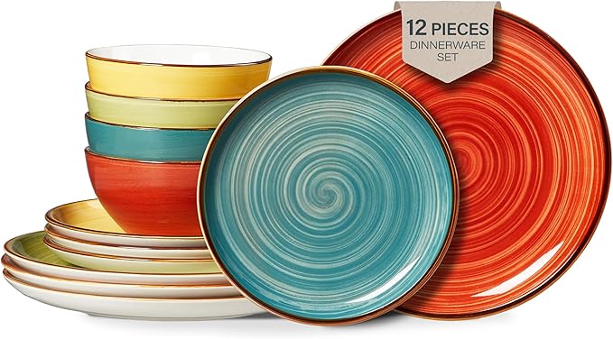 ONEMORE Plates and Bowls Set 12 Pcs,Stoneware Dinnerware Sets for 4 Microwavable,Oven & Dishwasher Safe Porcelain,Scratch Resistant Dishes Set