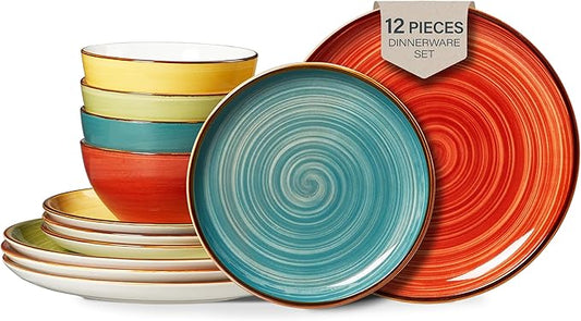 ONEMORE Plates and Bowls Set 12 Pcs,Stoneware Dinnerware Sets for 4 Microwavable,Oven & Dishwasher Safe Porcelain,Scratch Resistant Dishes Set