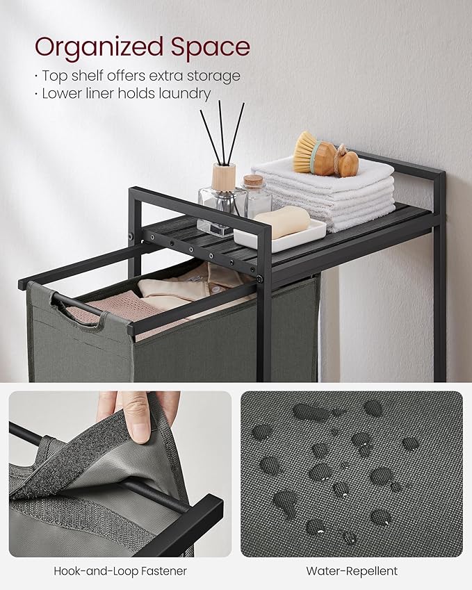 VASAGLE Laundry Hamper, Laundry Basket, Laundry Sorter with a Pull-Out and Removable Bag, Shelf, Metal Frame, 12.4 Gallons (47 L), 16.5 x 11 x 29.5 Inches, Slate Gray and Charcoal Gray UBLH001G01