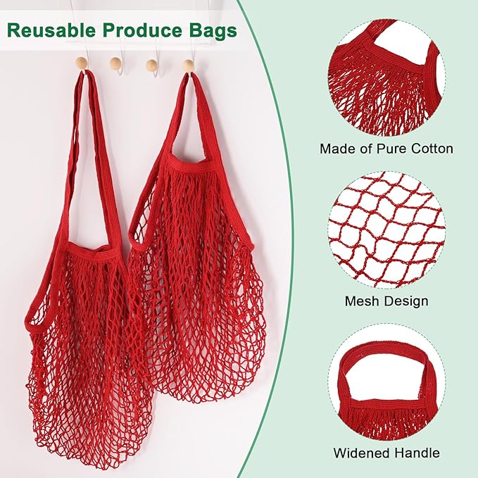 2-Pack Cotton Mesh Bag, Reusable Washable Mesh Net String Grocery Bags, Reusable Produce Bags with Handle, Net Tote Bag for Fruits/Vegetables Shopping [Red, Long&Short Handle]