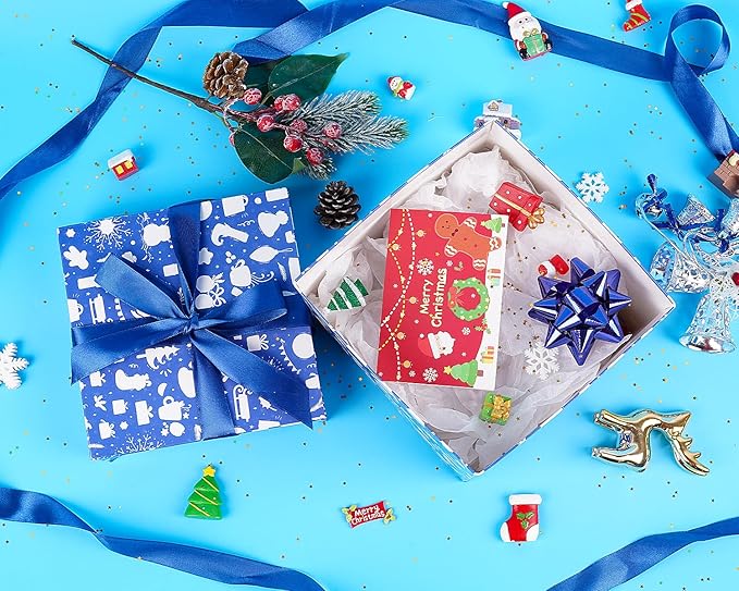 Jaywayang 5 Pack Blue Christmas Gift Boxes with Lids, Ribbons and Tissue Papers Square Gift Boxes - 7.1 Inch - Presents Wrapping Christmas Gift Holiday New Year Party Favor Boxes.