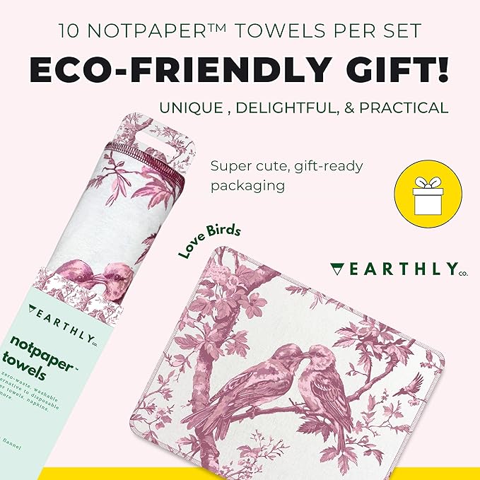 Reusable Paper Towels - 10 Pack - Roll of Washable Cotton Cloth Paper Towels - Paperless Reusable Napkins Cloth Washable - Absorbent + Long Lasting - Zero Waste Products - (Love Birds)