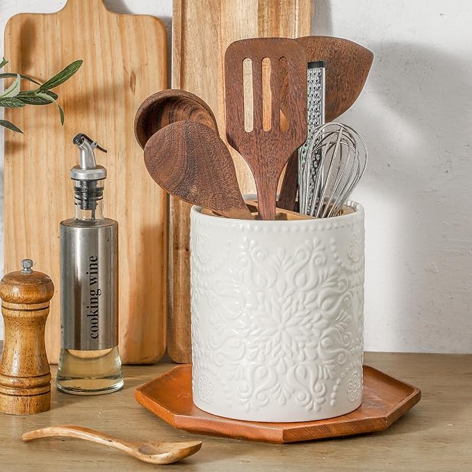 7" Relief Utensil Holder, Large Kitchen Utensil Holder Organizer , White Stable Utensil Crock Spatula Holder for Kitchen Counter Countertop Farmhouse Cooking Tools Holder with Bamboo Frame