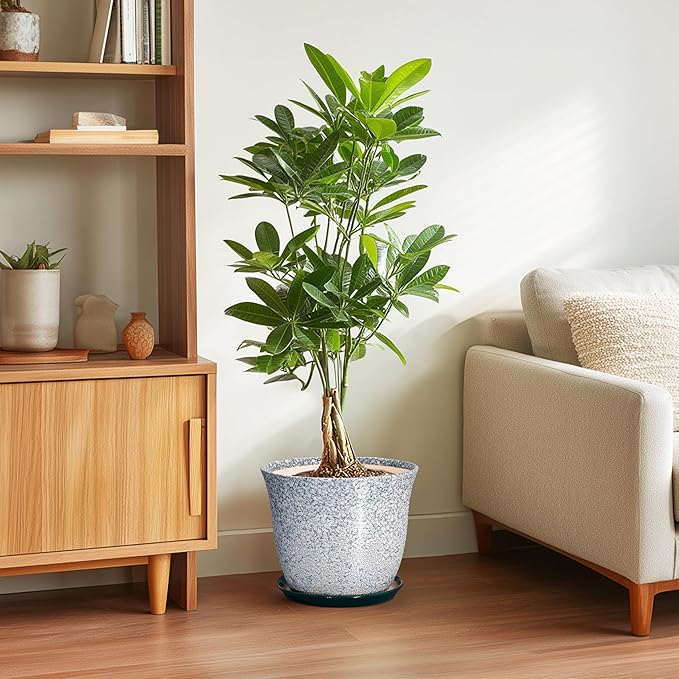 Ceramic Planter - 10 Inch Plant Pot for Indoor Outdoor, Round Planter with Drainage Hole and Plant Tray, Large Decorative Planters, Modern Flower Pot, Home Room Decor, Gardening Gift, Green