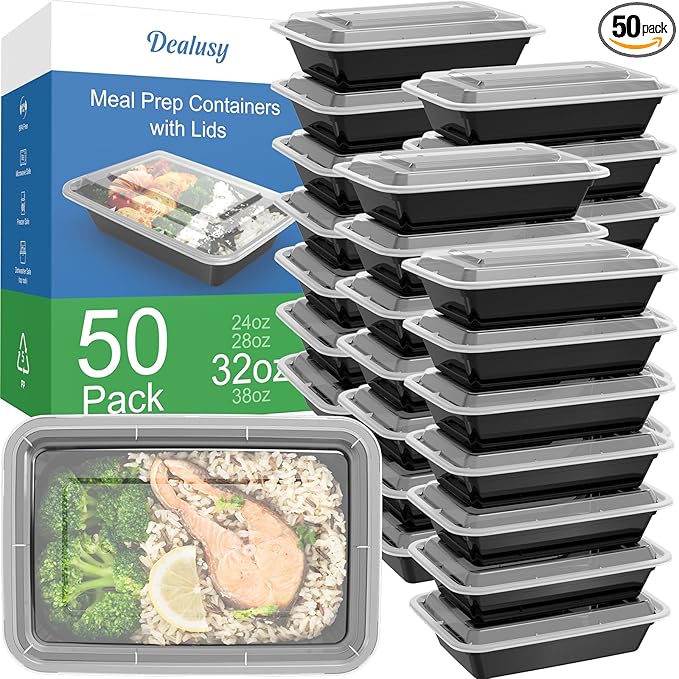 50 Pack (100-Piece) 32 oz Meal Prep Containers Reusable with Lids, Sturdy Leakproof & Food Safe, Microwave, Freezer, Dishwasher Safe Prep Containers, To Go Take Out Plastic Food Storage