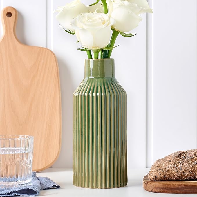 Green Ceramic Flower Vase, Minimalist Home Decoration, 8 Inch Small Pampas Grass Vases for Kitchen, Bedroom, Office, Living Room, Bathroom, Shelf Centerpiece Table