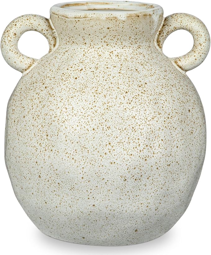 Rustic Ceramic Farmhouse Flower Vase with 2 Handles, Large Vases for Home Decors, Living Room, Bookshelf, Office, Grand Millennial Decor 8.2 Inch