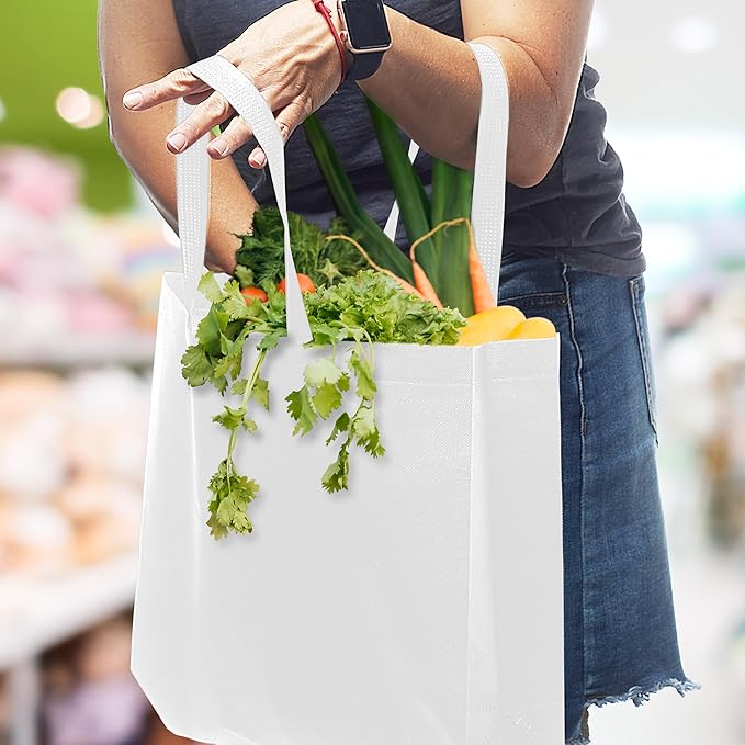 DISCOUNT PROMOS Jumbo Sized Tote Bags Set of 10, Bulk Pack - Reusable Grocery Bags, Shopping Bags, Promotional Item Totes for Women - White