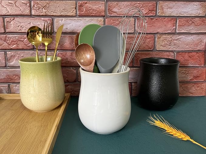 Medium Ceramic Kitchen Utensil Holder for Kitchen Counter Short Cooking Utensil Holder for Countertop Spatula Holder Small Utensil Crock Cutlery Holder Silverware Flower Vase (Retro White)