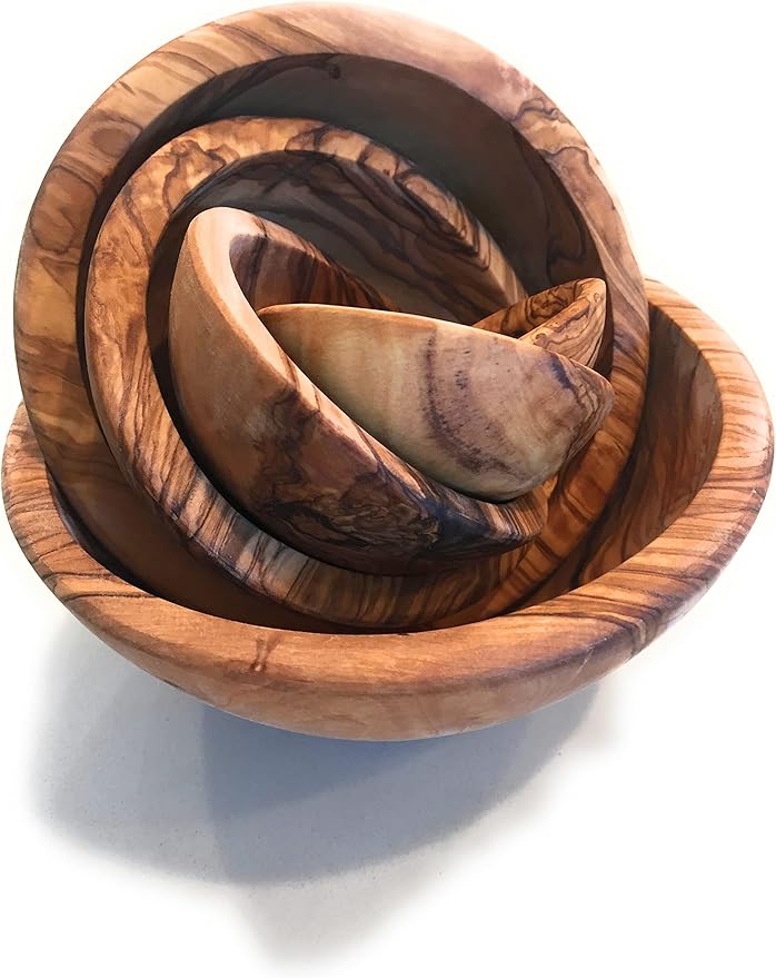 Nesting Set of 6 Artisan Olive Wood Serving Bowls. Unique Handmade Decorative Serve-ware for Fruit, Salad, Snacks, Condiments, Any Food. Small Mini Bowl 2" to Large 5.5-6.5"