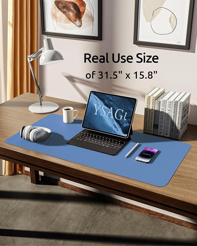 YSAGi Leather Desk Protector, Office Mat, Large Mouse Mat, Non-Slip PU Leather Blotter, Laptop Desk Pad, Waterproof Writing Pad for Office and Home (Sea Blue, 31.5" x 15.8")