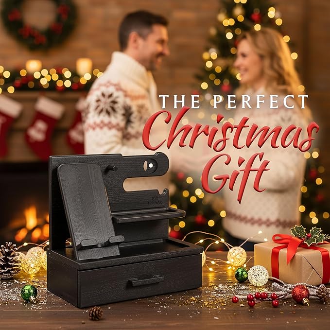 TESLYAR Wood Phone Docking Station with Drawer - Nightstand Organizer - Desk Organizer for Husband - Birthday Gifts for Men, Dad, Anniversary Idea, Key Holder Stand Watch & Accessories (Granite Black)