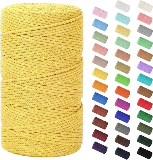 Macrame Cord 3mm x 220Yards (656Feet), Natural Cotton Macrame Rope - 4 Strands Twisted Macrame Cotton Cord for Wall Hanging, Plant Hangers, Crafts, Gift Wrapping and Wedding Decorations, Lemon Yellow