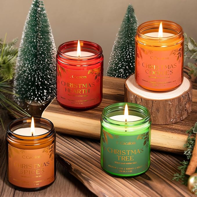 4Pack/28oz Christmas Soy Candles Gift Set Non-Toxic Aromatherapy Scented Holiday Candles for Chritmas Gifts Home Decor, Luxury Vinilla/Apple/Eucalyptus/Rose Jar Candle, Winter Candle Set for Women Men