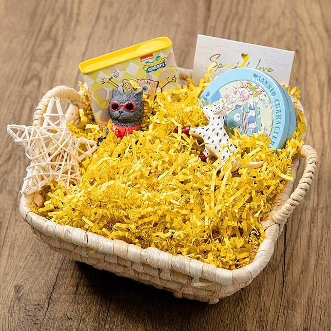 Mefleet 2 LB Crinkle Cut Paper Shred Filler Yellow Crinkle Shredded Paper for Gift Box - Gift Basket Bag Filler - Grass Cushion Stuffing for Christmas Holiday Packaging Wrapping