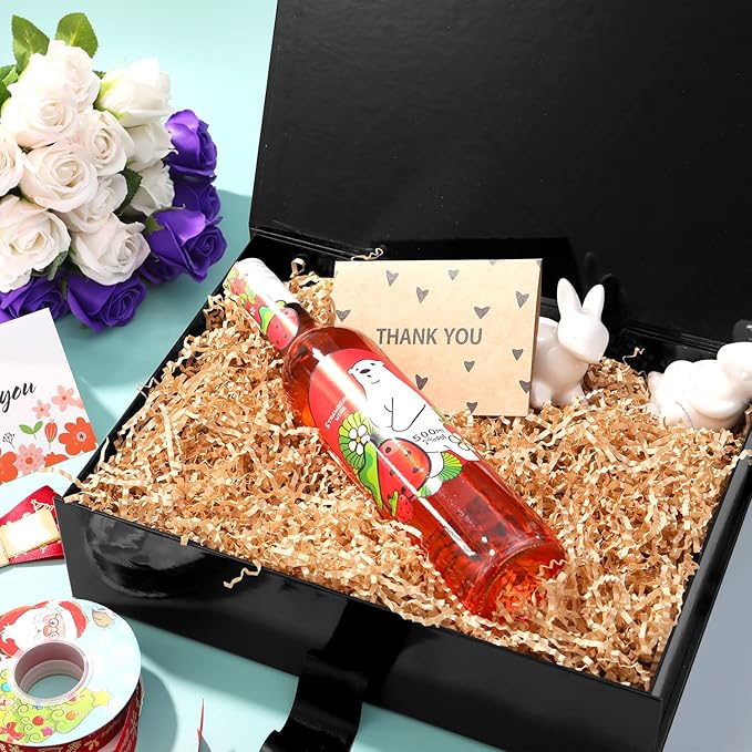 GREEN BEAN Large Gift Box with Lid for Present 13x9.7x3.4 Inches, Fathers Day Black Magnetic Luxury Gift Box with Ribbon, Groomsmen Proposal Box (Glossy Black)