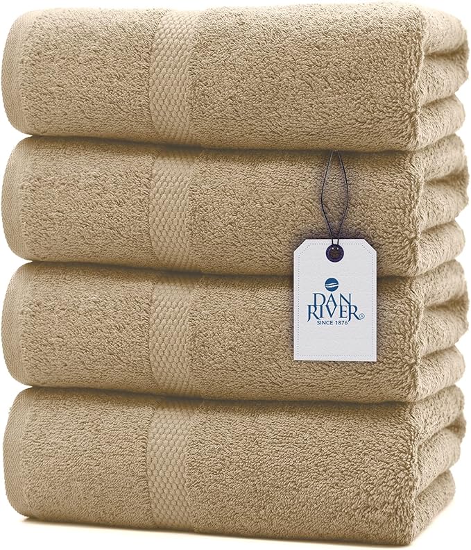 DAN RIVER Bath Towels Set of 4, 27 x 54 Inches, 100% Cotton, Larger & Lighter Weight, Quicker to Dry, Super Soft and Absorbent, Ideal Tan Bath Towels for Daily Use