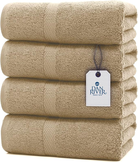 DAN RIVER Bath Towels Set of 4, 27 x 54 Inches, 100% Cotton, Larger & Lighter Weight, Quicker to Dry, Super Soft and Absorbent, Ideal Tan Bath Towels for Daily Use