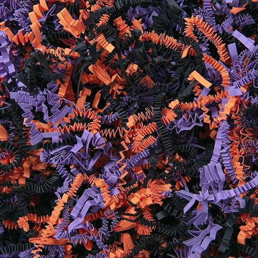 Mefleet 2 LB Halloween Crinkle Cut Paper Shred Filler Orange & Purple & Black Crinkle Shredded Paper for Boo Basket - Gift Box Bag Filler - Grass Cushion Stuffing for Halloween Wrapping