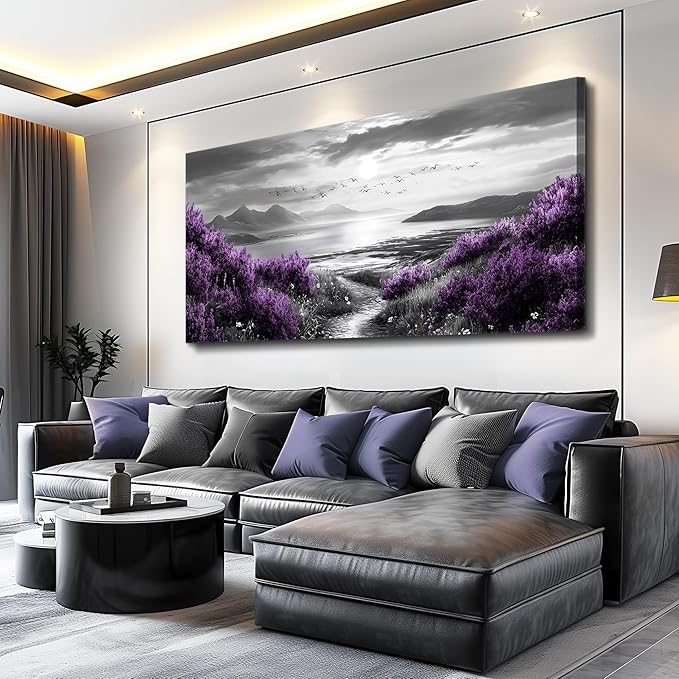 Canvas Wall Decor for Office Large Wall Art for Living Room Modern Bedroom Wall Decoration Purple Flowers Landscape Pictures Black and White Scenery Paintings Artwork Aesthetic Home Decor