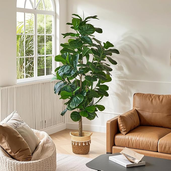 VECELO Artificial Fiddle Leaf Fig Tree 6FT(71in), Tall Fake Floor Plants with 150 Large Realistic Leaves in Plastic Pot for Indoor Outdoor Living Room Home Decor
