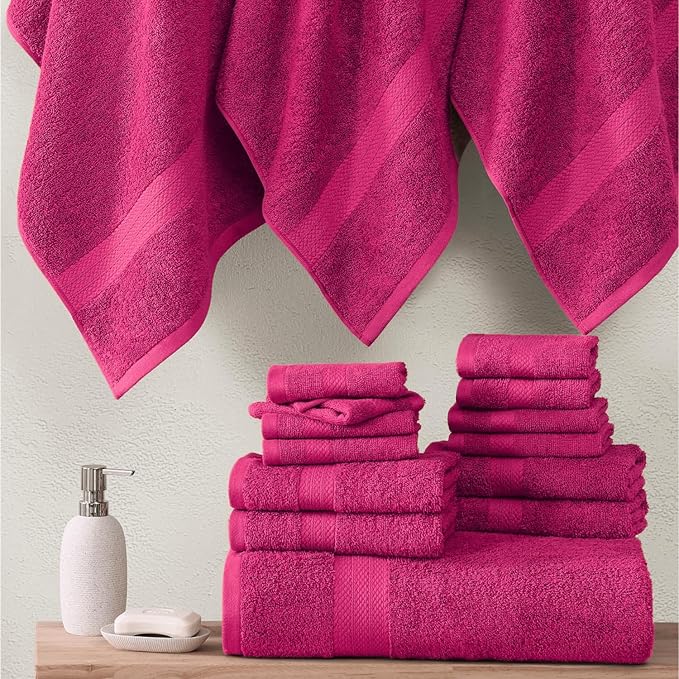 LANE LINEN 100% Mercerized Cotton Luxury Bathroom Towel Set - 16 Pcs - Premium Super Soft, Fluffy & Highly Absorbent - 4 Bath Towels, 8 Washcloths, 4 Hand Towels - Pre Shrunk, Pet Friendly - Fuschia