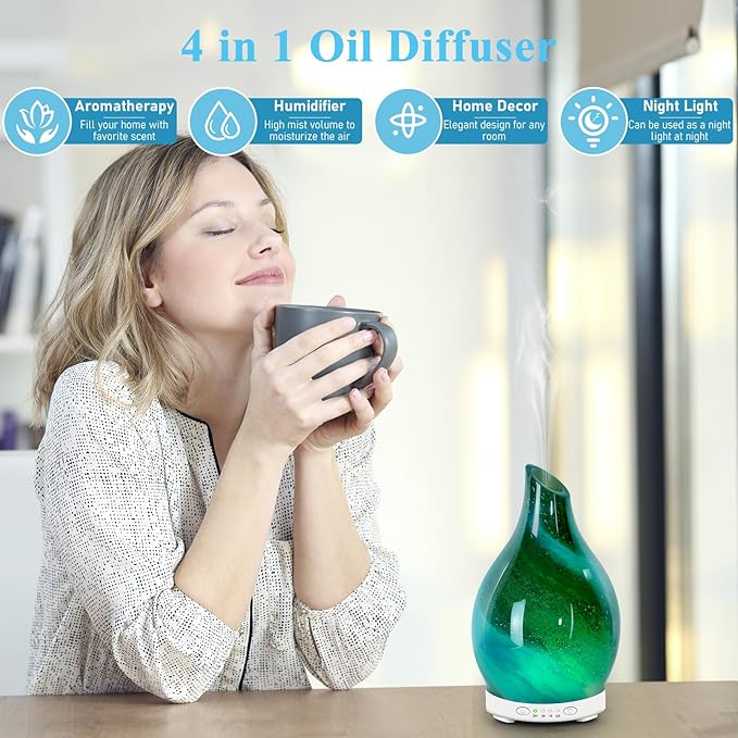 Essential Oil Diffuser 120ML, Glass Aromatherapy Diffuser with 4 Timer Settings & 7 Color Changing Lights, Waterless Auto Shut-Off, Ultra Quiet Oil Diffuser for Home, Office, Yoga, Spa and Sleeping