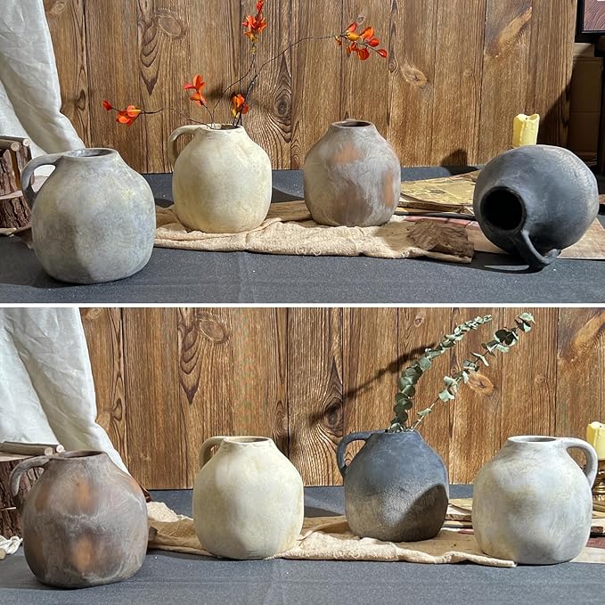 5.6 Inch Handmade Rustic Ceramic Vase with Handle, White Grey Vintage Farmhouse Vase, Pottery Flower Vase for Living Room, Office, Thanksgiving Centerpieces