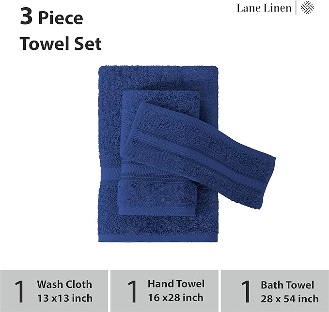 LANE LINEN Luxury Bath Towels Set - 3 Piece 100% Cotton Bathroom Towels, Quick Dry, Extra Aborbent, Super Soft Towels Set 1 Hand Towel, 1 Wash Cloths, 1 Bath Towel, Navy Blue