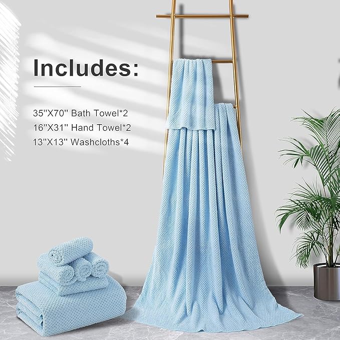 8-Piece Bath Towel Set, 2 Extra Large Bath Towel Sheets, 2 Hand Towels and 4 Washcloths - Highly Absorbent Quick Dry Microfiber,Ultra Soft Towel Set for Bathroom, Waffle Weave Design, Pack of 8(Blue)