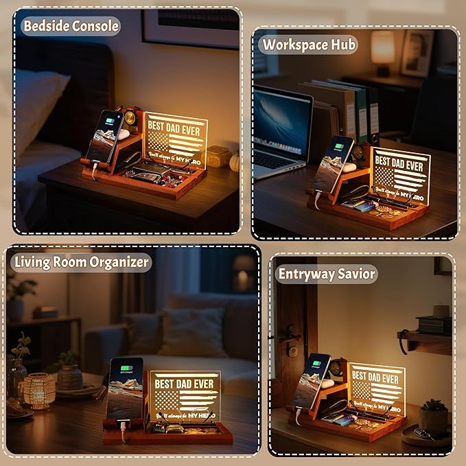Attivolife Gifts for Dad Men Husband, LED Phone Docking Station Desk Organizer, Cell Phone Stand with Night Light, Best Dad Ever Gift for Father's Day, Key Holder, Stand for Wallet Watch Essentials